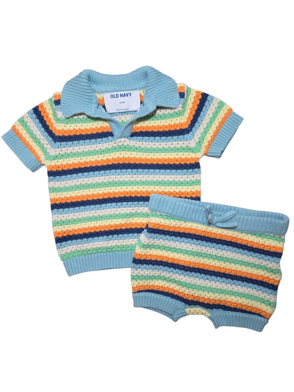 Old Navy Light Blue, Navy & Orange Striped Knit Top and Shorts Set 3-6 Months